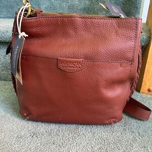 Brown Leather Crossbody Bag with Pebbled Texture Triple Entry Luca